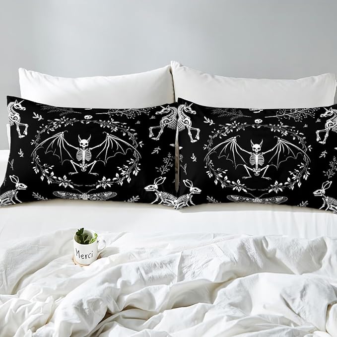 Butterfly Bedding Set King Size,Gothic Jungle Animal Skeleton Duvet Cover with 2 Pillowcase for Teens Adults,Weed Floral Black and White 3 Pieces Decorative Comforter Cover,No Comforter