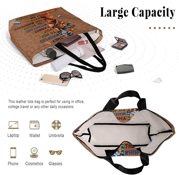 African American Women Tote Bag Black Shoulder Handbag For Women Fit Work Beach Labtops With Zip