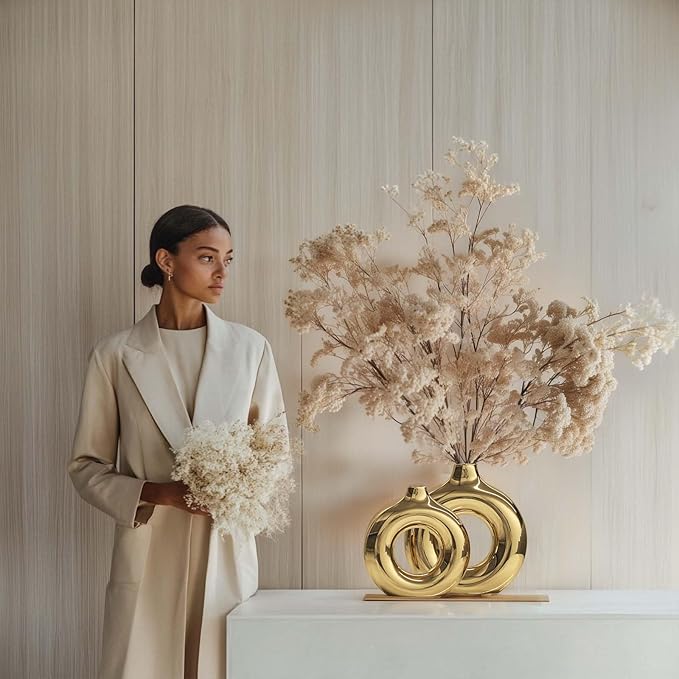 Glossy Gold Ceramic Vase Set of 2,Round Donut Hollow Flower Vases for Home Decor Accents,Modern Minimalist Centerpiece Table Decorations,Wedding,Living Room,Bookshelf,Office,Entryway