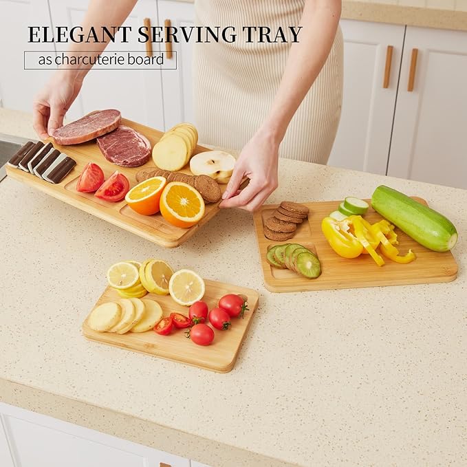 Bamboo cutting boards for home and kitchen,chopping board with juice groove,hanging hole and handles,for charcuterie,meat,bread,cheese,fruit and vegetables,Natural Bamboo, Set of 3(S+M+L)