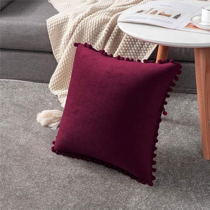 DEZENE Throw Pillow Covers 22x22 Wine Red: 2 Pack Cozy Soft Pom-poms Velvet Square Decorative Pillow Cases for Farmhouse Home Decor