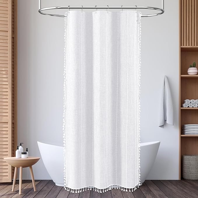 BTTN Boho Shower Stall Curtain - 36x72 Narrow Linen Ultra Thick Striped Tassel Fabric Shower Curtain Set with 6 Hooks, Half Modern Farmhouse Cottage Weighted Shower Curtains for Bathroom - White