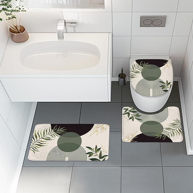 4 PCS Dark Green Boho 72Wx72H Shower Curtain Set Modern Mid Century Leaves Plant Bath Rug Toilet Lid Cover Nonslip U Shape Mat Quick Dry Rubber Backed Dirt Resistant Accessories Bathroom Decor