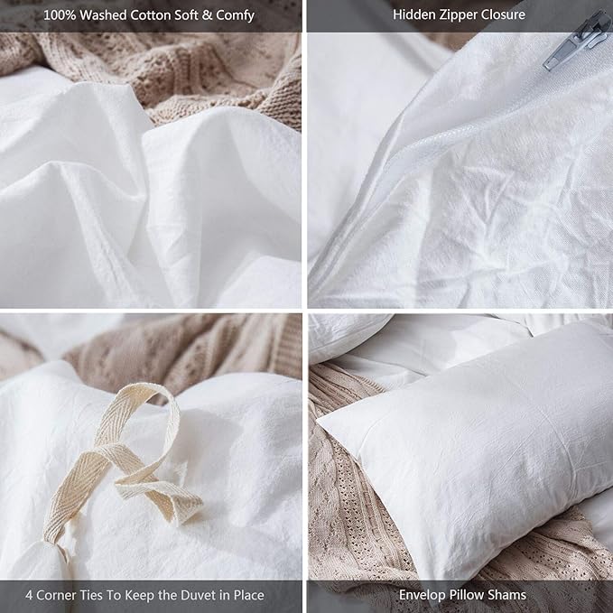 MooMee Bedding Duvet Cover Set 100% Washed Cotton Linen Like Textured Breathable Durable Soft Comfy (Solid Off White, King 104"x90")