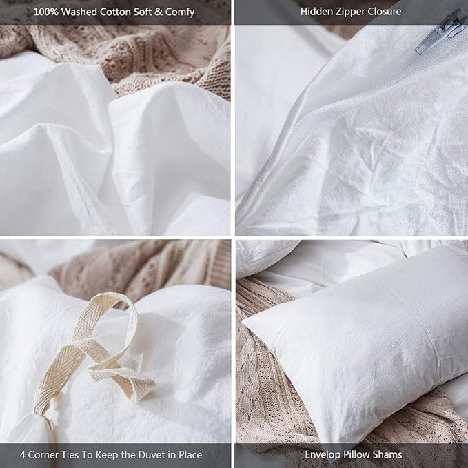 MooMee Bedding Duvet Cover Set 100% Washed Cotton Linen Like Textured Breathable Durable Soft Comfy (Solid Off White, Queen 90"x90")
