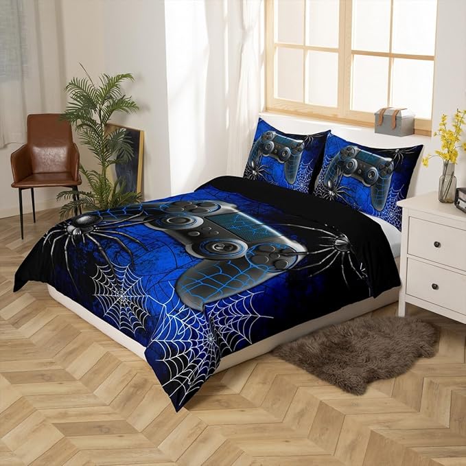 Boys Gamer Gamepad Duvet Cover Set King Size Kids Teen Man Gaming Theme Bedding Sets 3 Pcs for Room Decor, Fashion Spider Halloween Comforter Cover with 2 Pillowcases (No Comforter) Black Blue