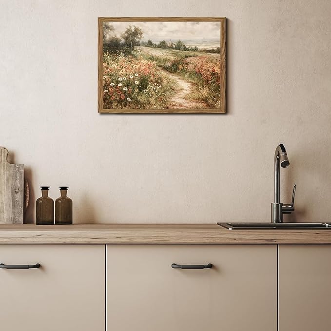 Framed 3D Textured Wall Art, Vintage Landscape Wall Decor Painting, Hand Drawn Sandstone Country Watercolor Floral Pictures Artwork for Living Room Bedroom Home Decor 16x24 inch Wood Frame