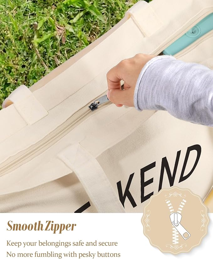 Large Tote Bag for Women - Aesthetic Cute Big Canvas Bags with Zipper Cotton Shoulder Bag for Gym, Travel, Work