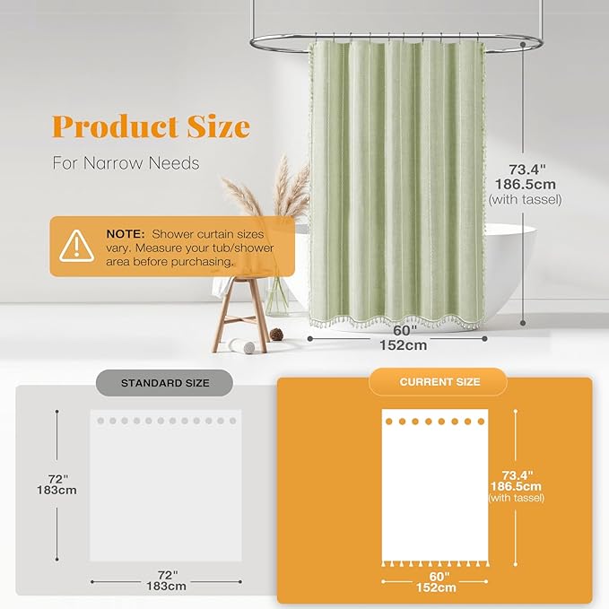 BTTN Stall Shower Curtain - 60x72 Inches Boho Farmhouse Linen Striped Weighted Fabric Tassel Shower Curtain Set with 10 Hooks, Narrow French Country Textured Shower Curtains for Bathroom - Sage Green