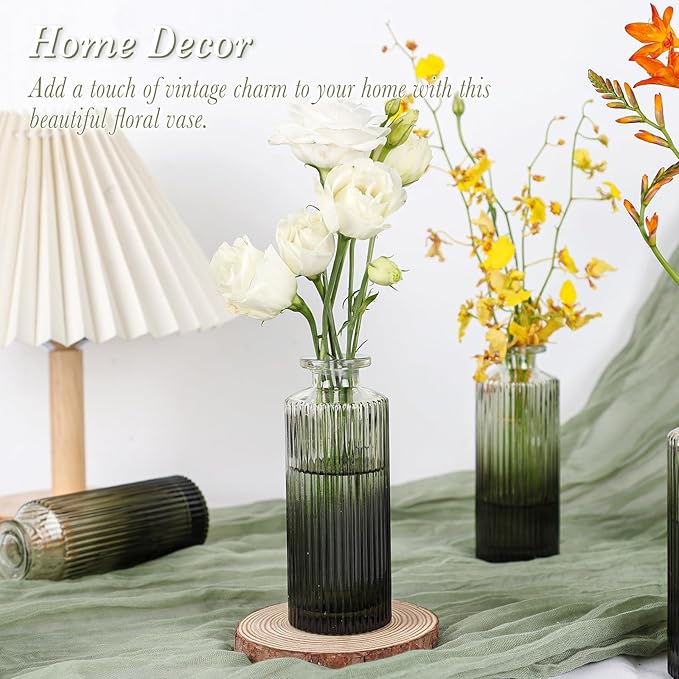 Green Glass Bud Vases Set of 12, Mini Ribbed Flower Vase for Centerpieces, Small Glass Vases in Bulk for Wedding Decorations, Vintage Vase for Table, Housewarming Gift, Home Décor