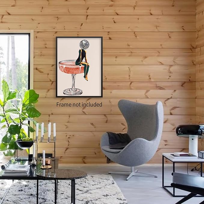 Sufeasdf Funky Disco Ball Girly Head Poster 70s Retro Cocktail Canvas Wall Art Trendy Vintage Beige Prints Painting for Family Bar Wall Decor 24x36 inch Unframed