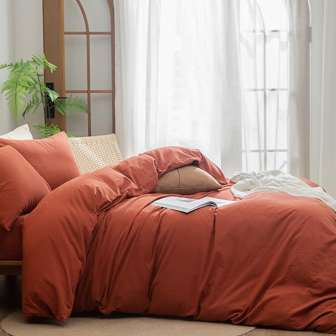 BESTOUCH Duvet Cover Set 100% Washed Cotton Linen Feel Super Soft Comfortable Chic Lightweight 3 PCs Home Bedding Set Solid Burnt Brick Red Cal King