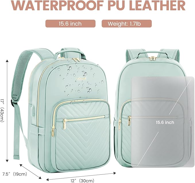 LOVEVOOK Leather Backpacks for Women,15.6 inch Leather Laptop Backpack Women Computer Backpack Laptop Bag,Stylish Quilted Travel Backpack Purse Work College Teacher Backpacks with USB Port,Mint Green