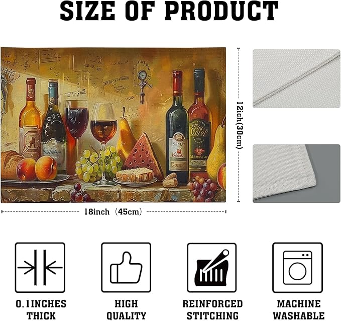 Giwawa Wine Placemats Set of 4 Vintage Style Red Wine Glasses Bottles Linen Table Place Mats Washable Non-Slip Heat Resistance 12"x18" for Kitchen Dining Farmhouse Party Decor