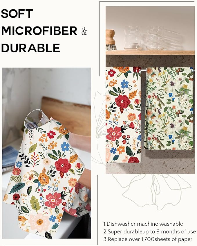 Microfiber Kitchen Towels - Set of 2 Dish Towels for Kitchen 18 x 26 Inch Home Decoration Red Flower Grass Cute Spring Hand Towels Soft & Absorbent Aesthetic Design