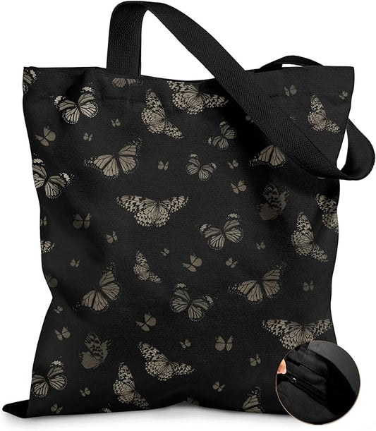Canvas Tote Bag for Women – Aesthetic Canvas Bag with Zipper Cute Stylish Reusable Shoulder Totes for Shopping Work Daily Vacation, Black Butterfly