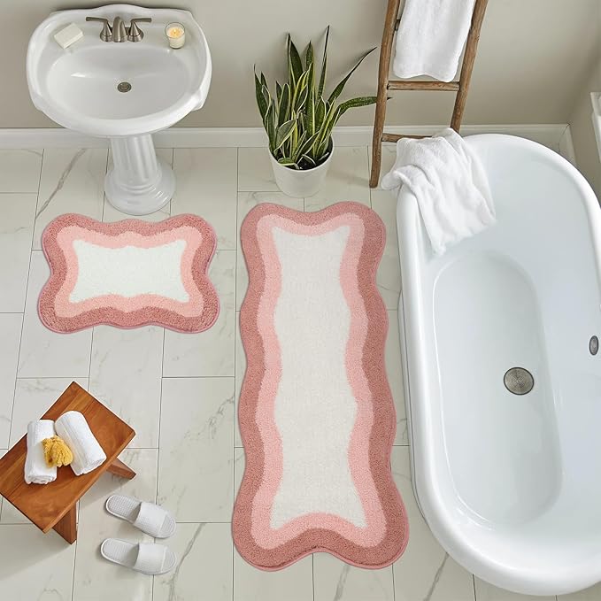 HAOCOO Bathroom Runner Rugs 18x47 inch, Non-Slip Long Rug Cute Bath Mat, Soft Luxury Shower Mat Microfiber Machine Washable Pink Floor Carpet for Sink Tub (washable rug)