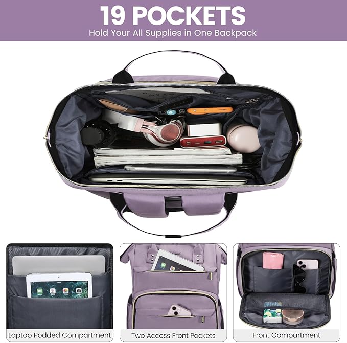 LOVEVOOK Laptop Backpack for Women,17 Inch Professional Womens Travel Backpack Purse Computer Laptop Bag Nurse Teacher Backpack,Waterproof Work Bags Carry on Back Pack with USB Port,Light Purple