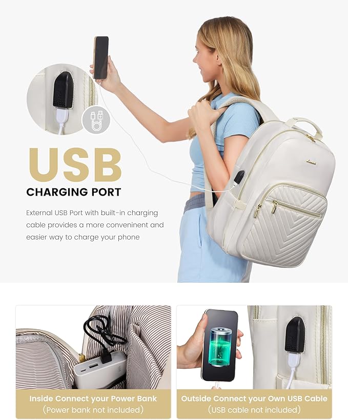 LOVEVOOK Laptop Backpack Purse for Women, Work Travel Computer Bags, College School Backpack for Student Girl, Quilted Casual Daypack with USB Port, Fit 15.6 Inch Laptop, Beige White