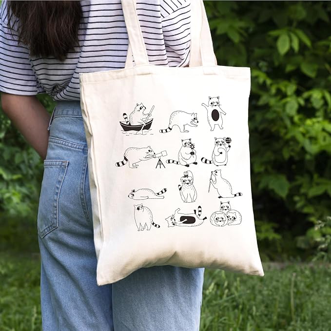 Raccoon Tote Bag Funny Tote Bag Cute Cotton Canvas Bag for Women Gift Reusable Grocery Bag Shopping Beach Shoulder Bag