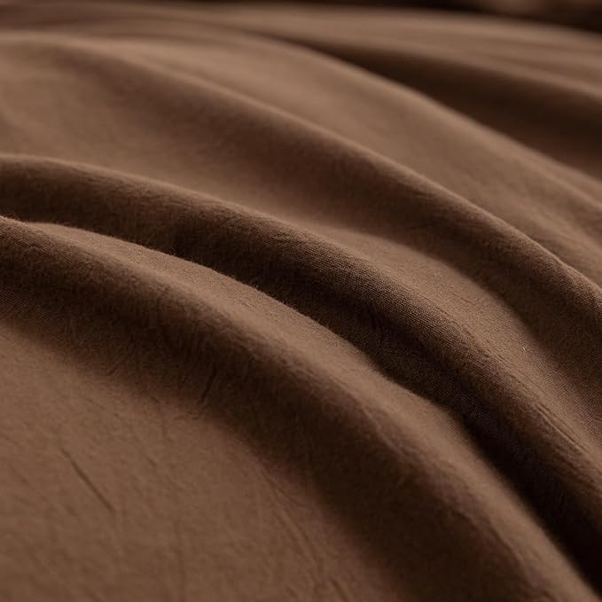 BESTOUCH Duvet Cover Set 100% Washed Cotton Linen Feel Super Soft Comfortable Chic Lightweight 3 PCs Home Bedding Set Solid Cocoa Brown Oversized Queen