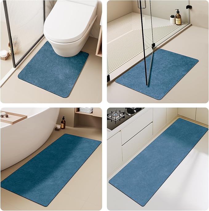 Bathroom Mat Quick Dry, Bathroom Rugs Non Slip Washable Thin Absorbent Bath Mat Fits Under Door Bathroom Floor Mat Perfect for Bath, Shower, or Sink 17"x59" Denim Blue