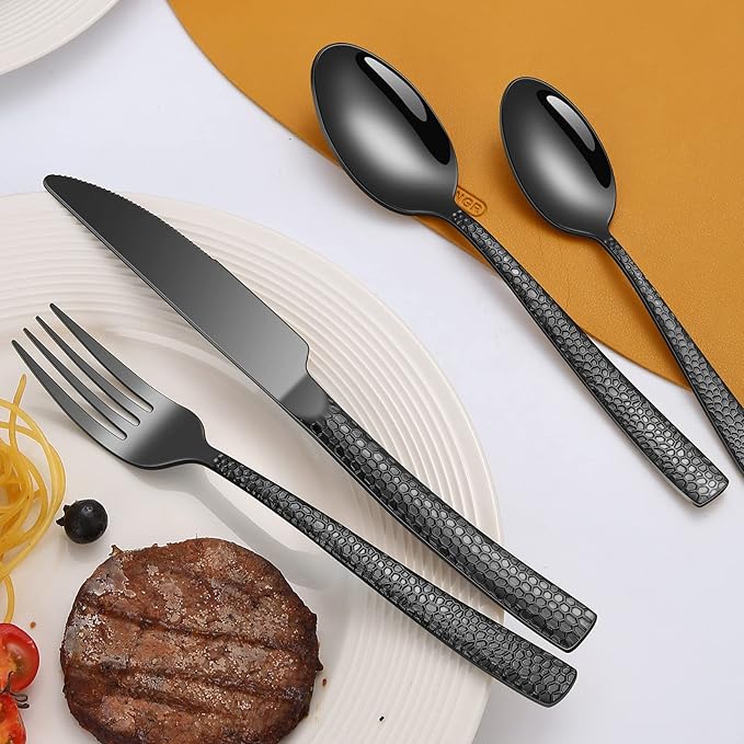 20-Piece Silverware Set, Black Hammered Stainless Steel Flatware for 4, Food-Grade Tableware, Including Fork, Knife, Spoon Set, Home Kitchen Cutlery, Dishwasher Safe