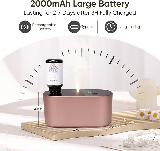 Waterless Diffuser for Essential Oil, Battery Operated Scent Air Aromatherapy Diffuser, Mini Aroma Diffusers with 3 Intermittent Mist Modes, Cycle Start for Home Office Bedroom - Rose Gold