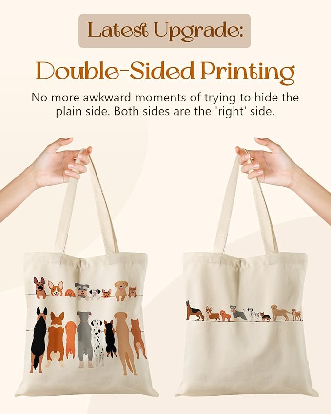 Canvas Tote Bag for Women – Aesthetic Canvas Bag with Zipper Cute Stylish Reusable Shoulder Totes for Shopping Work Daily Vacation, Multi Puppies