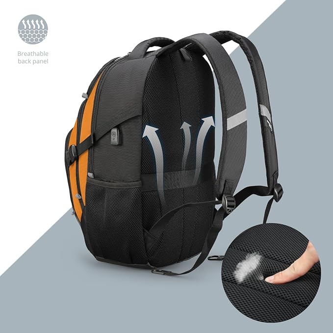 Swissdigital Design Laptop Backpack with USB Charging Port, Travel Backpack Fits 15.6 inches Computer, 31L College School Backpack for Men, Orange/Black | SD803