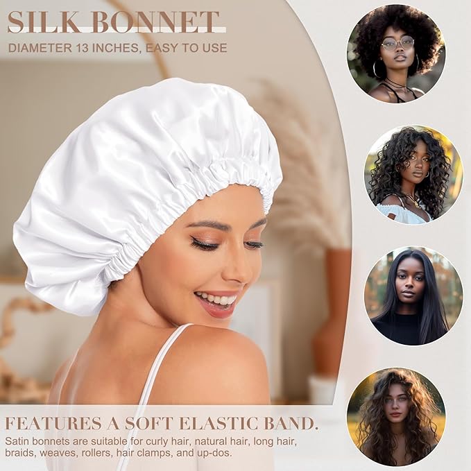 Satin Bonnet Silk Bonnet Hair Bonnet for Sleeping-Slouchy Beanie Hat Satin Sleep Cap for Women's Natural & Curly Hair(New White)