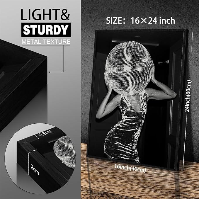 Vintage Funky Y2k Hot Girl Poster Black and White Disco Ball Canvas Wall Art 16x24 inch Black Framed Trendy Preppy Bar Cart Decor for Living Room Dorm