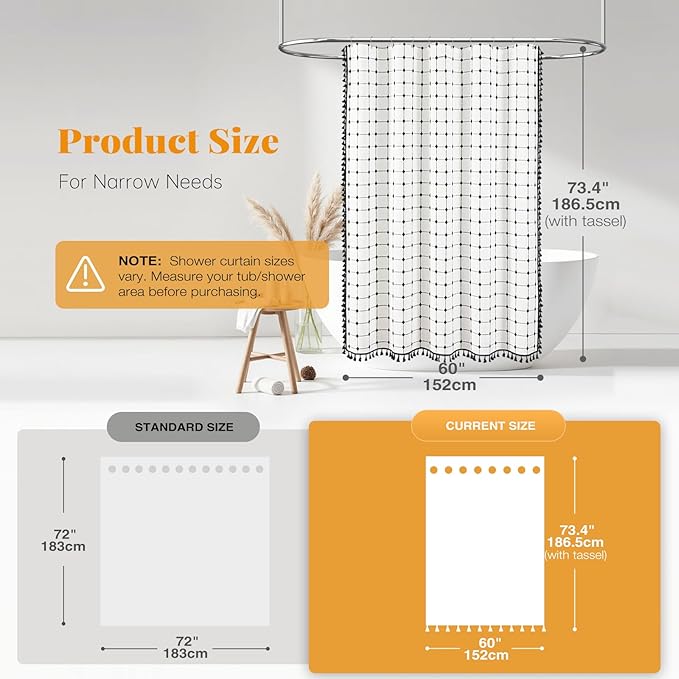 BTTN 60 Inch Stall Shower Curtain - 60x72 Boho Farmhouse Linen Fabric Cloth Shower Curtain Set with 10 Plastic Hooks, Narrow Bohemian Country Decorative Shower Curtain for Bathroom - White and Black