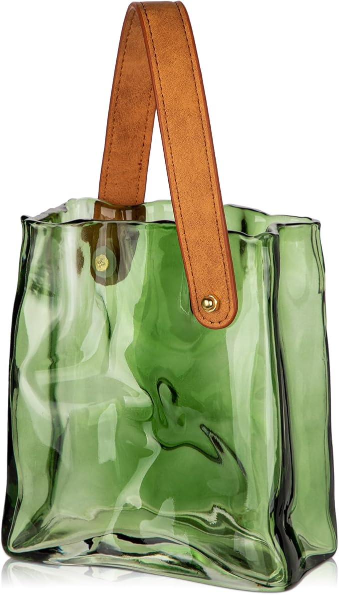 Glass Purse Vase for Flowers Green Vases for Centerpieces Glass Bag Vase with Leather Handle Small Handbag Vases for Decor Decorative Fish Bowl for Home Wedding Decor