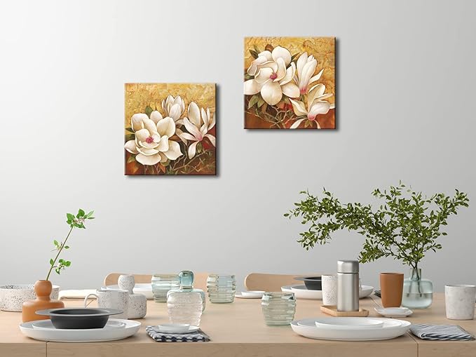 Pyradecor Magnolia Flowers Modern 2 Piece Stretched Floral Canvas Prints Oil Paintings Artwork Style Brown Pictures on Canvas Wall art for Living Room Bedroom Home Decorations