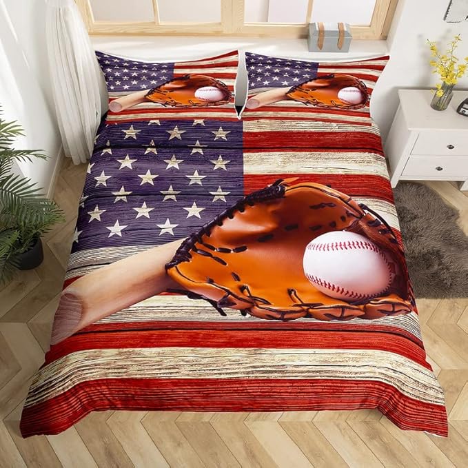 Feelyou Baseball Sports Duvet Cover Set for Kids Boys Girls America Flag Comforter Cover Retro Wooden Bedding Set 1 Duvet Cover & 1 Pillowcase