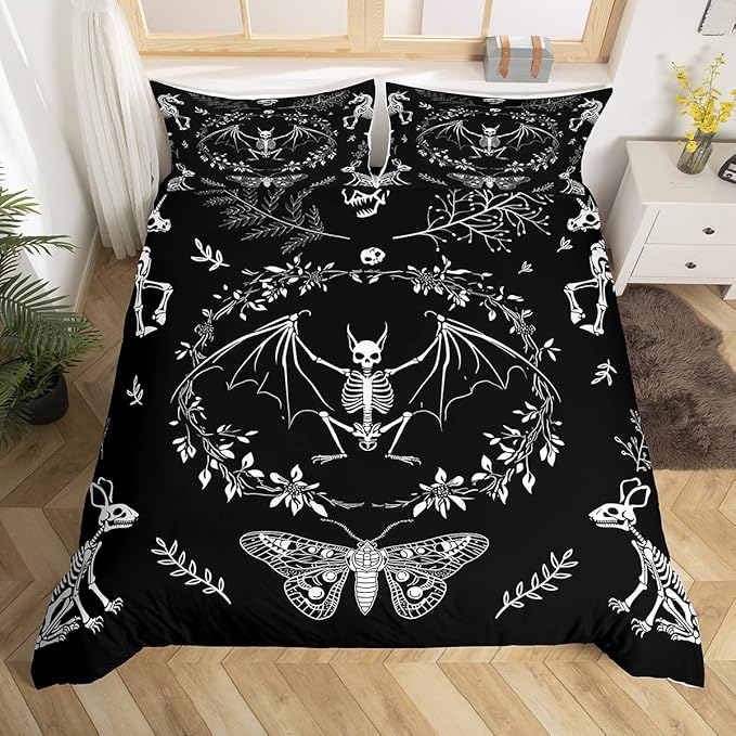 Castle Fairy Moth Animal Theme Duvet Cover Queen Size,Gothic Skull Boho Comforter Cover with 2 Pillowcase for Adults,Black and White Skeleton Decorative Soft Bedding Set,No Comforter