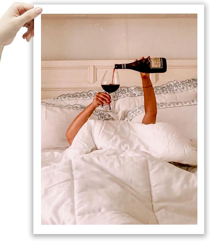 EcoHest Unframed Woman Drinking Wine in Bed Wall Art, 12x16 in OAK Wood Feminist Alcohol Canvas Art, Trendy Teen Girl Bar Cart Print College Room Decor, Beige Logs Set of 1 For Bedroom Living Room