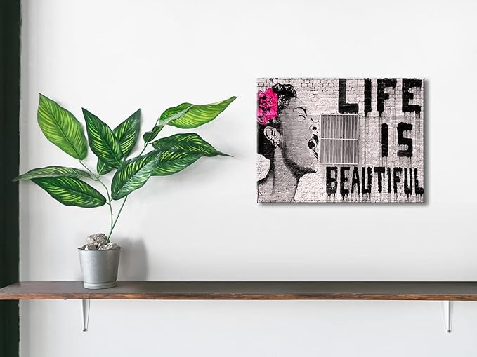 Wieco Art Banksy Life is Beautiful Modern Gallery Wrapped Giclee Canvas Prints Artwork Grey Love Abstract Pictures Paintings on Canvas Wall Art Ready to Hang for Bedroom Home Office Decorations