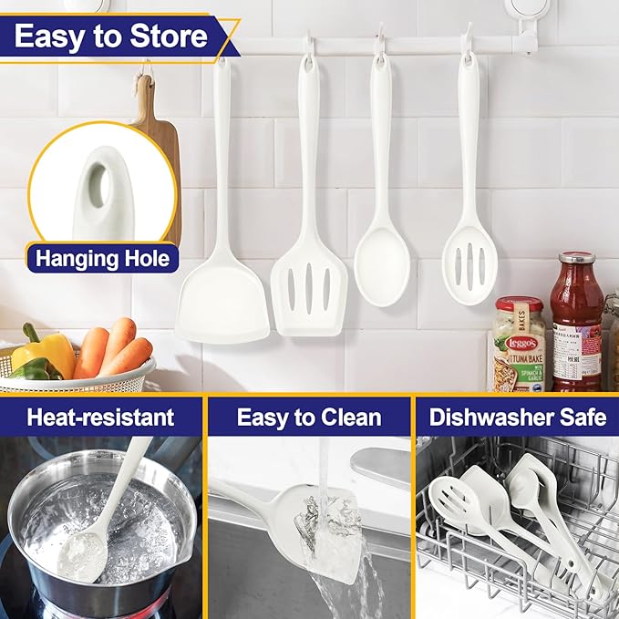 P&P CHEF Kitchen Utensil Set, 4 Pieces Non-stick Silicone Cooking Utensils, Heat-resistant Slotted Solid Spoon Turner for Frying, Mixing, Serving, Non-toxic & Easy to Clean, White