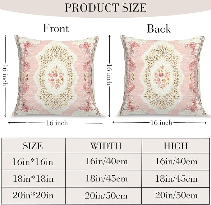 Boho Floral Throw Pillow Covers 16x16 inch Set of 2,Pink Boho Rug Geometric Floral Pattern Decor Double Sided Pattern Cushion Cover Soft Pillow Case Living Sofa Room Bed Square Pillow Cover