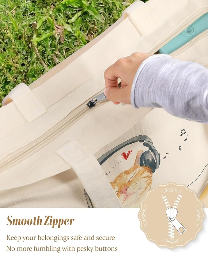 Large Tote Bag for Women - Aesthetic Cute Big Canvas Bags with Zipper Cotton Shoulder Bag for Gym, Travel, Work