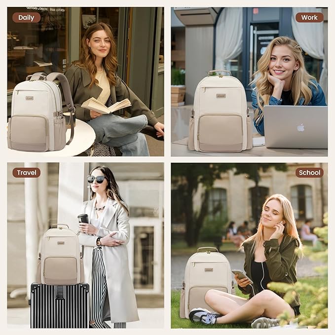 LOVEVOOK Laptop Backpack for Women with Pouch Pocket for Large Capacity Cup,17 Inch Laptop Computer Bag Travel Backpack Purse,Waterproof Work Business College Teacher Backpack,Beige-Nude-Logam Plum