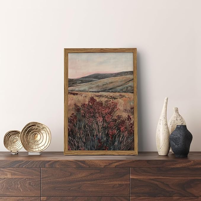 Framed 3D Textured Wall Art, Vintage Landscape Wall Decor Painting, Hand Drawn Sandstone Moody Dark Wildflower Pictures Artwork for Living Room Bedroom 12x16 inch Wood Frame