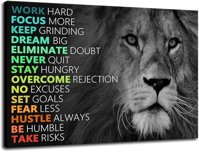 Motivational Poster Animal Inspirational Canvas Wall Art Lion Inspiring Canvas Prints Artwork for Office Living Room Modern Home Decor Painting Stretched and Framed Ready to Hang [18''Wx 12''H]