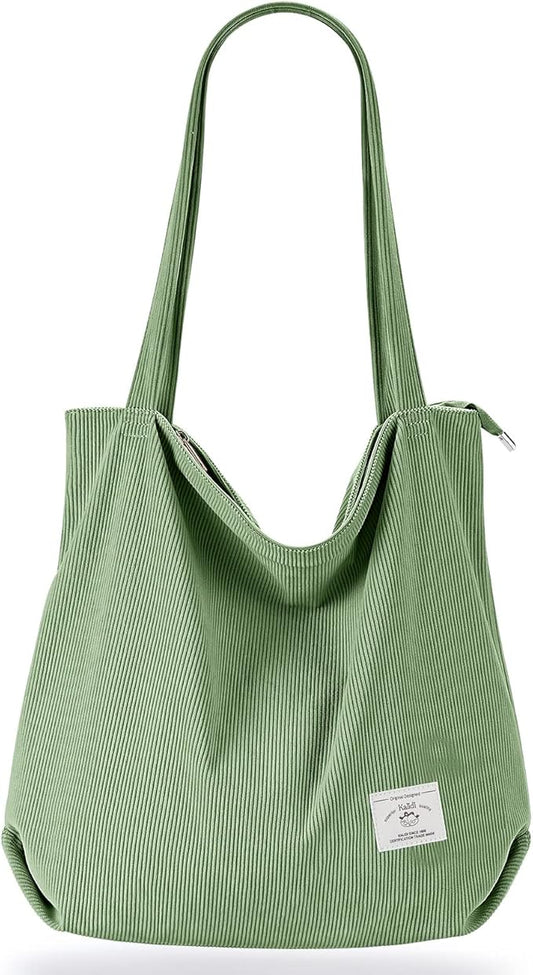KALIDI Women Corduroy Tote Bag Zipper Casual Tote's Handbag Big Capacity Shoulder Bag with Pockets