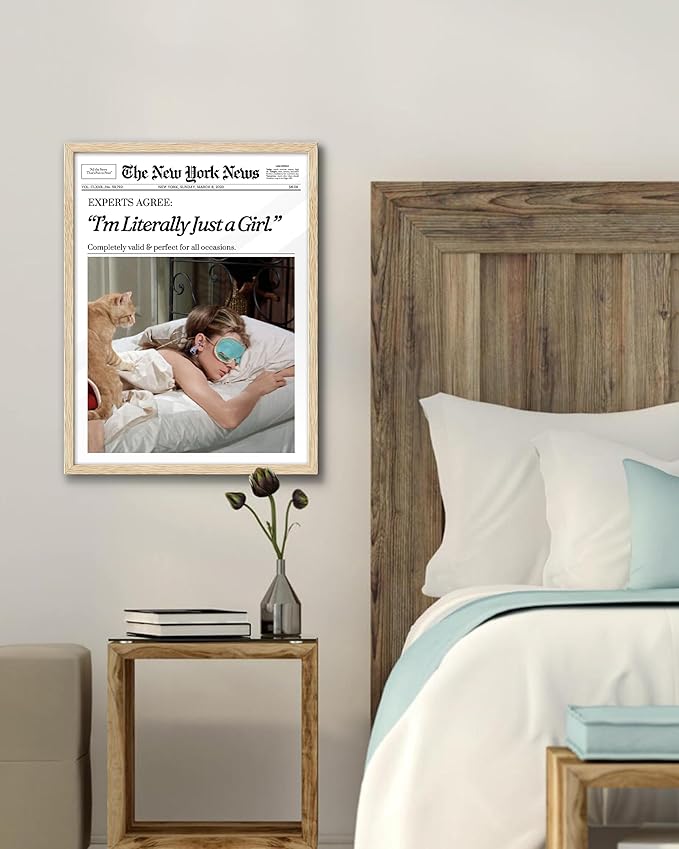 EcoHest Trendy Newspaper Audrey Hepburn Magazine Framed Wall Art, 12x16 in OAK Wood I‘m Literally Just a Girl Canvas Wall Art Home Decor, Beige Retro Set of 1 For Bedroom Living Room