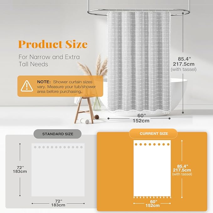 BTTN Stall Shower Curtain - 60x84 Long Boho Farmhouse Linen Weighted Fabric Cloth Shower Curtain Set with 10 Plastic Hooks, Narrow Bohemian Country Decorative Shower Curtains for Bathroom - Grey/Gray