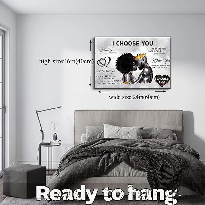 Framed African American Canvas Prints Black Couple I Choose You Poster Black King and Queen Wall Art Afro Black Romantic Couple Wall Art for Bedroom Living Room Decor(Black couple, 24in×16in)