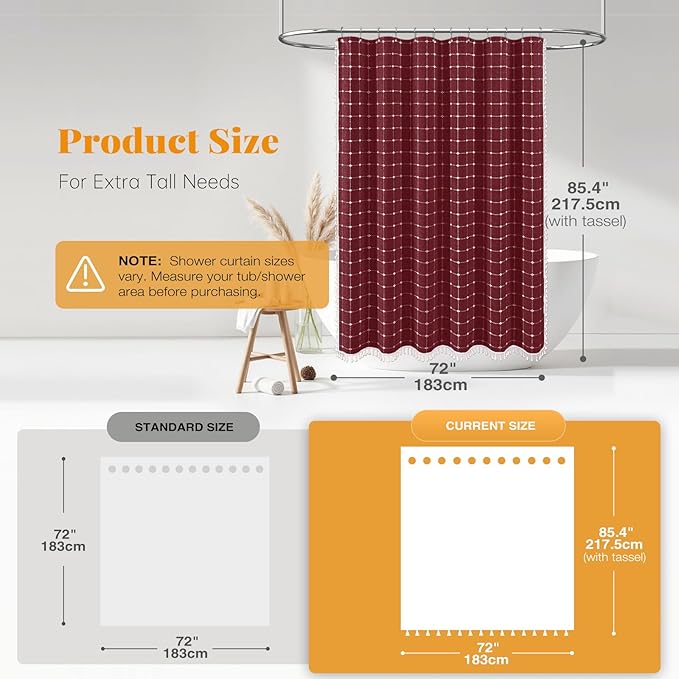 BTTN Extra Long Shower Curtain, 72x84 Inch Long Boho Chic Tassel Linen Fabric Shower Curtain Set with Hooks, Tall Modern Farmhouse Elegant Heavy Duty Thick Cloth Shower Curtains for Bathroom, Burgundy